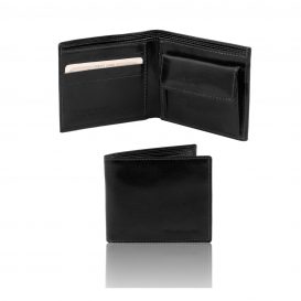 イタリア製フルグレインレザーの２か所紙幣入れ＆小銭入れつきメンズ財布、ブラック