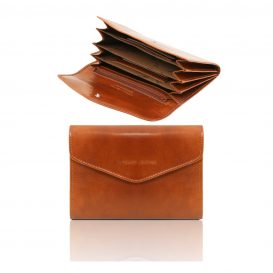 イタリア製フルグレインレザーのアコーディオンタイプ財布、ハニー