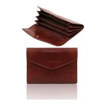 イタリア製フルグレインレザーのアコーディオンタイプ財布、ブラウン