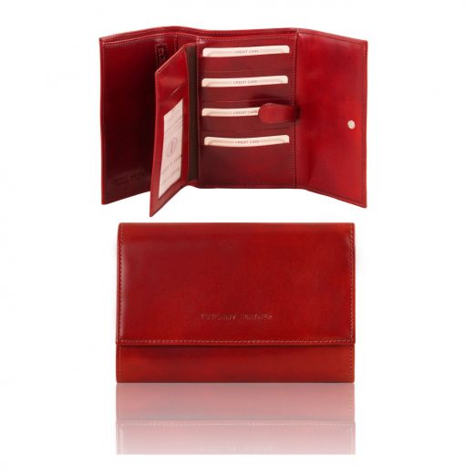 イタリア製フルグレインレザー身分証ケースつき三つ折り財布、レッド