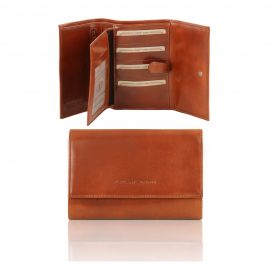 イタリア製フルグレインレザー身分証ケースつき三つ折り財布、ハニー
