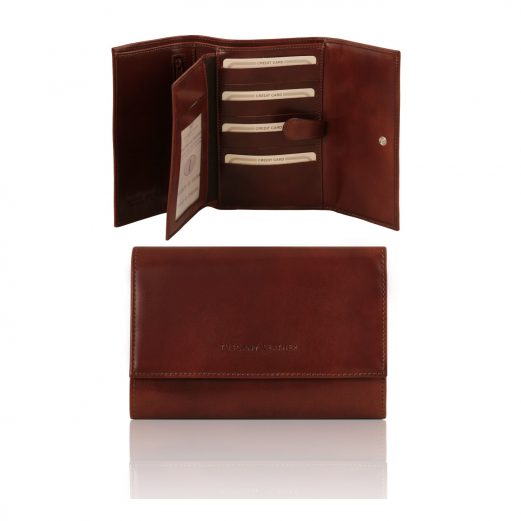 イタリア製フルグレインレザー身分証ケースつき三つ折り財布、ブラウン