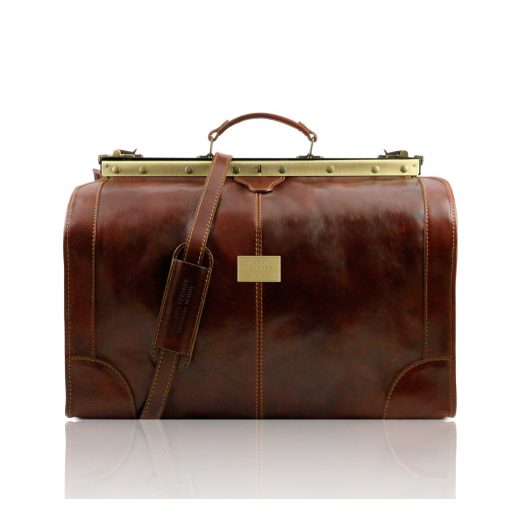 イタリア製ベジタブルタンニンレザーのクラシック調ボストンバッグ MADRID(Lサイズ)、ブラウン