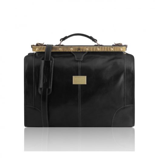 イタリア製ベジタブルタンニンレザーのクラシック調ボストンバッグ MADRID(Mサイズ)、ブラック