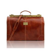 イタリア製ベジタブルタンニンレザーのクラシック調ボストンバッグ MADRID(Lサイズ)、ハニー