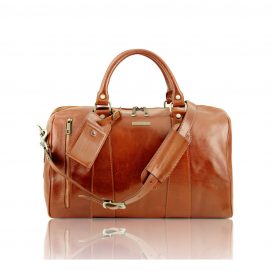 イタリア製ベジタブルタンニンレザーの表ポケット付ボストンバッグTL VOYAGER（Mサイズ）、ハニー