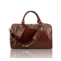 イタリア製ベジタブルタンニンレザーの表ポケット付ボストンバッグTL VOYAGER（Mサイズ）、ブラウン