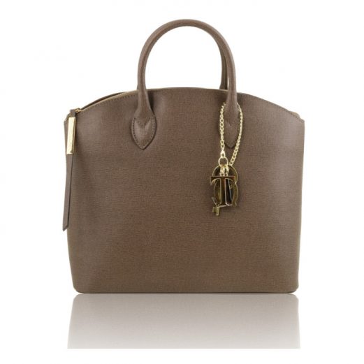 イタリア製カーフレザー・サフィアーノ加工のトートバッグ Mサイズ TL KeyLuck ダークトープ