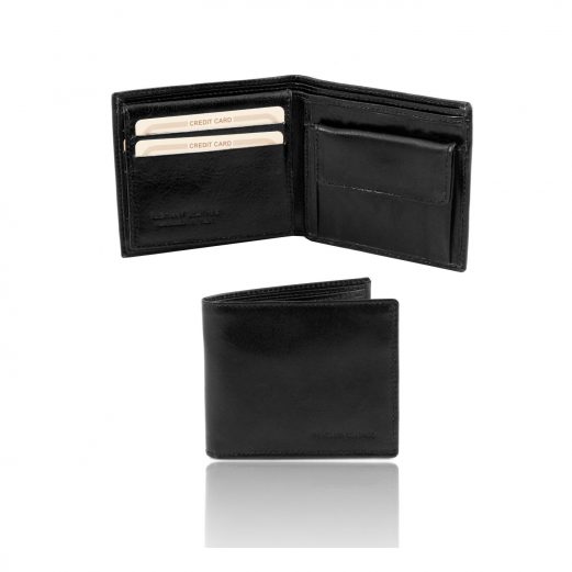 イタリア製フルグレインレザーの小銭入れ＆IDケースつきメンズ財布、ブラック