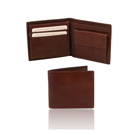 イタリア製フルグレインレザーの小銭入れ＆IDケースつきメンズ財布、ブラウン