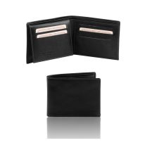 イタリア製フルグレインレザーの紙幣＆カード入れ、IDケースつきメンズ財布、ブラック