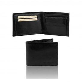 イタリア製フルグレインレザーのIDケース＆小銭入れつきメンズ財布、ブラック