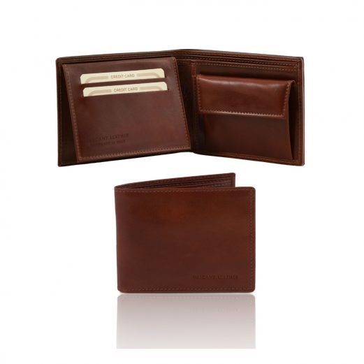 イタリア製フルグレインレザーのIDケース＆小銭入れつきメンズ財布、ブラウン