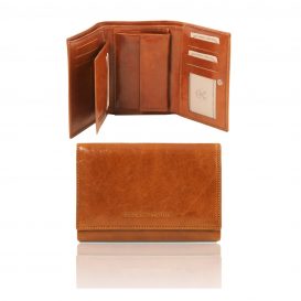 イタリア製フルグレインレザーのIDケースつき三つ折りレディース財布、ハニー