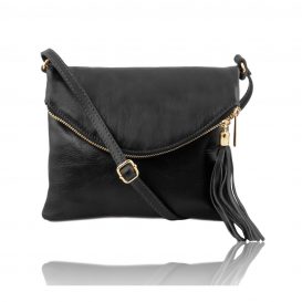 イタリア製ソフトレザーのタッセルつきポシェット TL Young Bag、ブラック