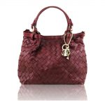 イタリア製本革イントレチャート編み込みトートバッグ(小サイズ) TL KeyLuck、ボルドー、ワインレッド