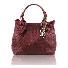 イタリア製本革イントレチャート編み込みトートバッグ（小サイズ） TL KeyLuck、ボルドー、ワインレッド