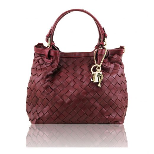 イタリア製本革イントレチャート編み込みトートバッグ（小サイズ） TL KeyLuck、ボルドー、ワインレッド