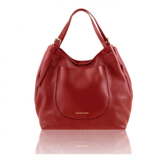 イタリア製シボ型押しレザーのショルダーバッグ CINZIA、レッド