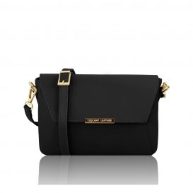 イタリア製カーフレザーの２WAYポシェット・クラッチTL BAG、ショルダーバッグ、ブラック、黒