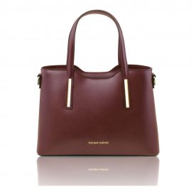 イタリア製OLIMPIA ルーガ・カーフレザーのメタリック２WAYトートバッグ（小）ボルドー、レッドワイン