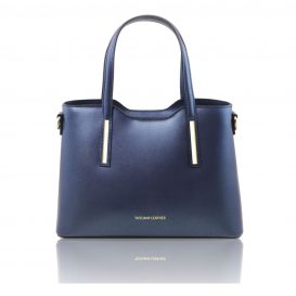 イタリア製OLIMPIA ルーガ・カーフレザーのメタリック２WAYトートバッグ（小）ダークブルー