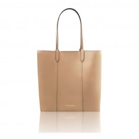 イタリア製スムースレザーのトートバッグ、トープ、ライトトープ、ベージュ