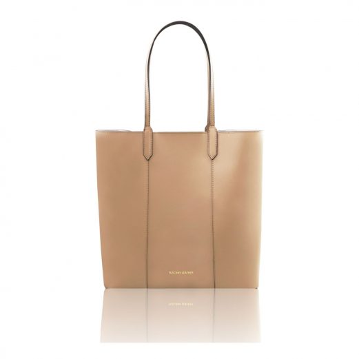 イタリア製スムースレザーのトートバッグ、トープ、ライトトープ、ベージュ