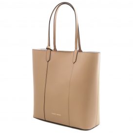 イタリア製スムースレザーのトートバッグ、トープ、ライトトープ、ベージュ、詳細1