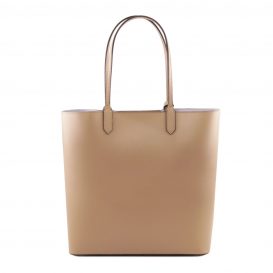 イタリア製スムースレザーのトートバッグ、トープ、ライトトープ、ベージュ、詳細2