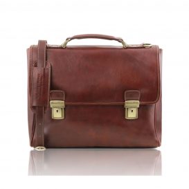 イタリア製本牛革ベジタブルタンニンレザーのPC搬送バッグ TRIESTE、ブラウン、茶色