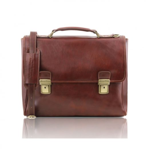 イタリア製本牛革ベジタブルタンニンレザーのPC搬送バッグ TRIESTE、ブラウン、茶色
