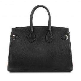 イタリア製シボ型押しレザーのエレガントなハンドバッグTL BAG、ブラック、詳細2