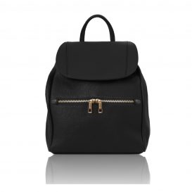 イタリア製シボ型押しレザーのフロントポケット・リュックTL BAG、ブラック