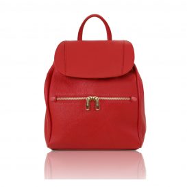 イタリア製シボ型押しレザーのフロントポケット・リュックTL BAG、ルージュ