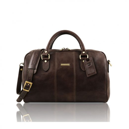 イタリア製ベジタブルタンニンレザーのボストンバッグ LISBONA（Mサイズ）、ダークブラウン