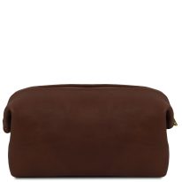 ツヤ消しマットなベジタブルタンニンレザーのトラベルポーチ SMARTY（Sサイズ）、ダークブラウン