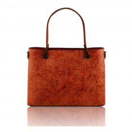 イタリア製フローラル模様のカーフレザー２WAYトートバッグ ATENA、ブランデー