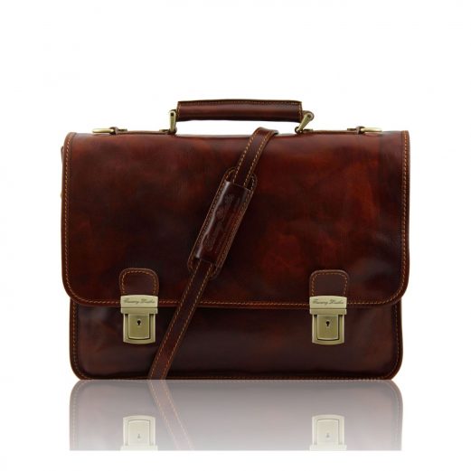 イタリア製２室構造のベジタブルタンニンレザーのビジネスバッグ FIRENZE、ブラウン