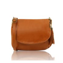 イタリア製ソフトレザーのタッセルつきショルダーバッグ（Sサイズ） TL BAG、コニャック