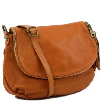 イタリア製ソフトレザーのタッセルつきショルダーバッグ（Sサイズ） TL BAG、コニャック、詳細1