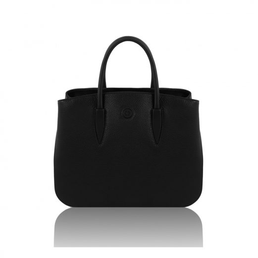 イタリア製シボ型押しレザーの2WAYハンドバッグ CAMELIA、ブラック