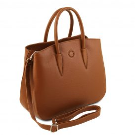 イタリア製シボレザーの２WAYハンドバッグ CAMELIA、コニャック、詳細1