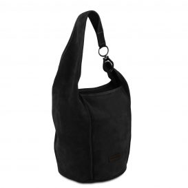 イタリア製スウェードのワンショルダーバッグ TL BAG、ブラック、詳細1