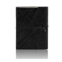 イタリア製フローラル模様レザーカバーのノート、ブラック