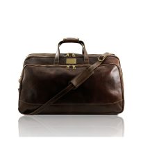 イタリア製ベジタブルタンニンレザーの2車輪つきボストンバッグ（Lサイズ）BORA BORA、ダークブラウン