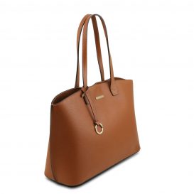 イタリア製シボ型押しレザートートバッグTL BAG、コニャック、詳細1