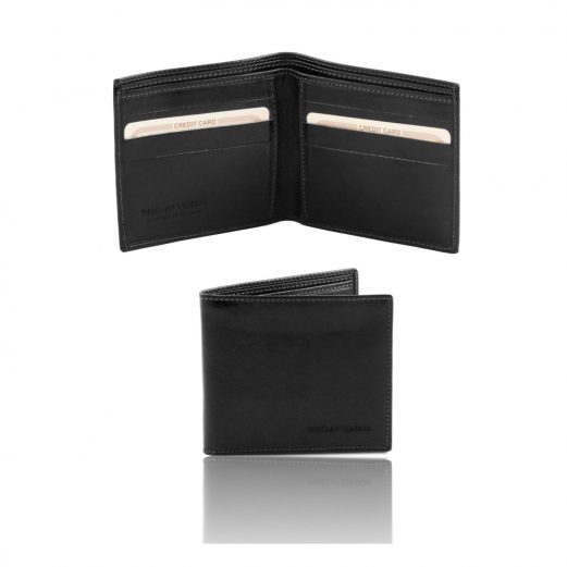 イタリア製フルグレインレザーの小銭入れ無しメンズ財布、ブラック