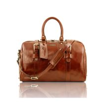 イタリア製ベジタブルタンニンレザーのボストンバッグ・ベルト開閉つきTL VOYAGER（Sサイズ）、ハニー