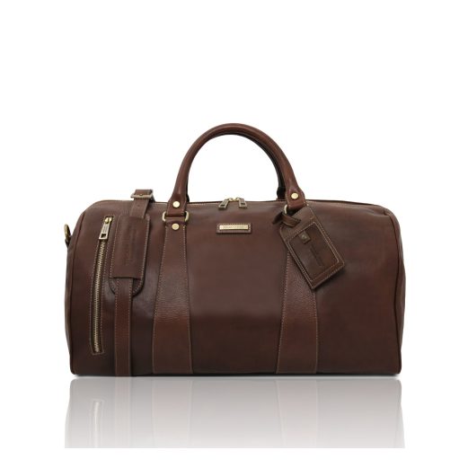 イタリア製ベジタブルタンニンレザーのボストンバッグ表ポケットTL VOYAGER（Lサイズ）、ダークブラウン